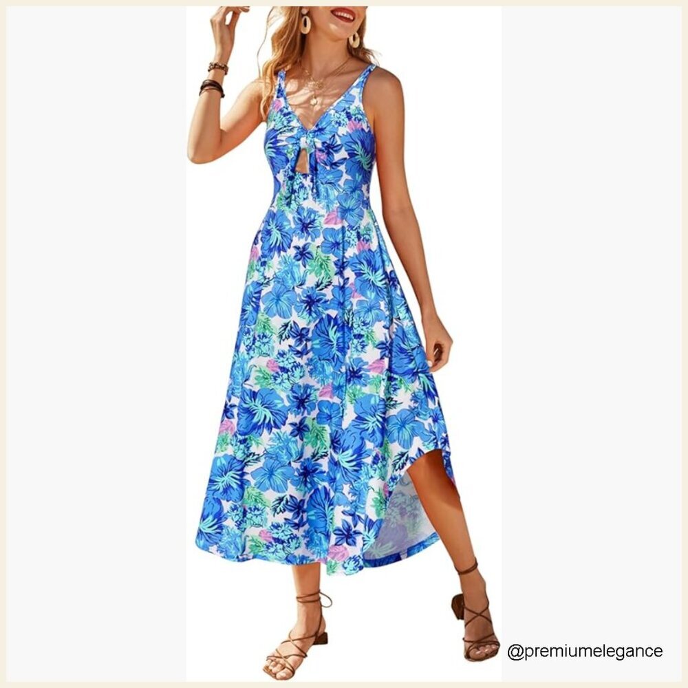 Soft Polyester Maxi Dress with V-Neck, Tie Front, and Curved Hem
